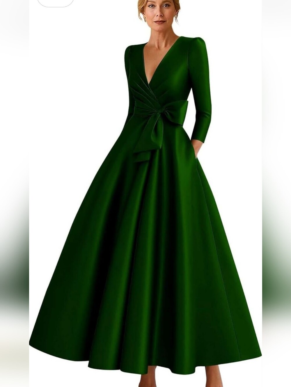 Elegant Green V-Neck Wrap Midi Dress with Bow